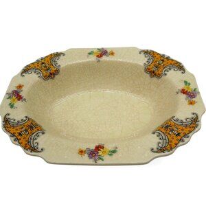 MYOTT SON & Co Floral Oval Bowl Crackle Glaze England Vintage 9"